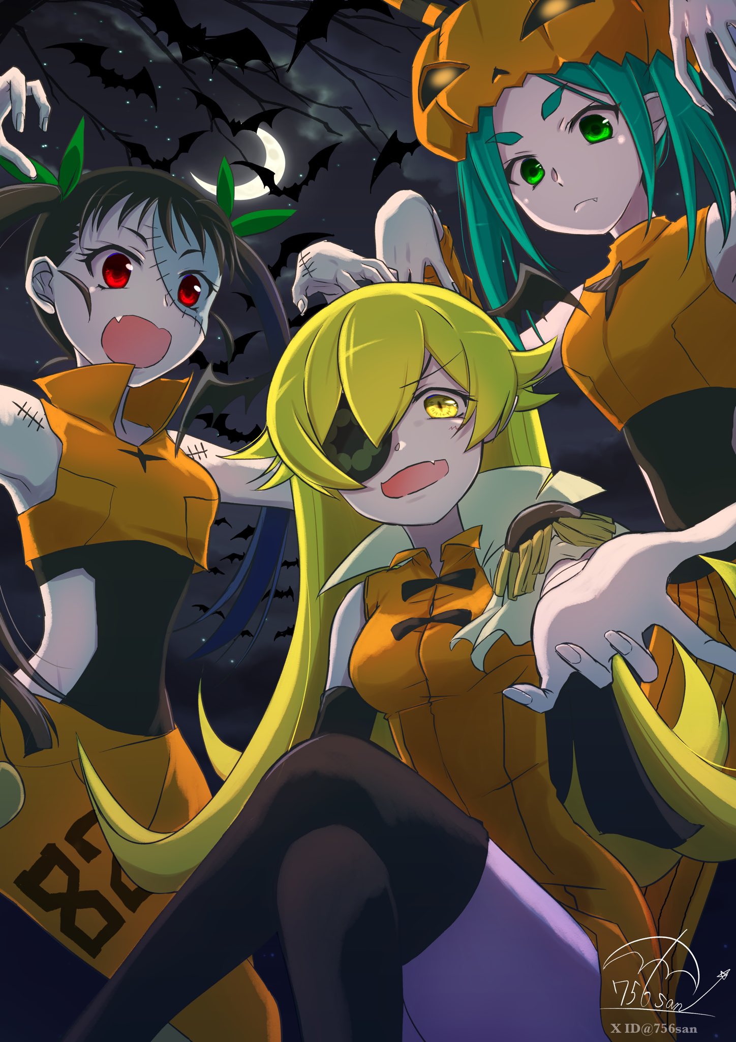 3girls 756san :d aqua_hair armpits artist_name bat_wings black_dress black_hair black_sky black_thighhighs blonde_hair branch breasts claw_pose clothing_cutout cloud commentary crescent_moon cropped_vest dress english_commentary eyelashes eyepatch fang glowing glowing_eyes green_eyes green_ribbon hachikuji_mayoi hair_between_eyes hair_ribbon halloween halloween_costume head_wings highres hikimayu jack-o'-lantern light_frown long_hair medium_breasts mixed-language_commentary monogatari_(series) moon multiple_girls night ononoki_yotsugi open_mouth orange_dress orange_pants orange_vest oshino_shinobu pants pantyhose patchwork_skin pumpkin_costume pumpkin_hat purple_pantyhose reaching reaching_towards_viewer red_eyes ribbon scar scar_on_arm scar_on_face short_eyebrows side_cutout signature sky sleeveless sleeveless_dress small_breasts smile star_(sky) starry_sky thick_eyebrows thighhighs tree twintails twitter_username two-tone_dress very_long_hair vest wings yellow_eyes zombie zombie_costume