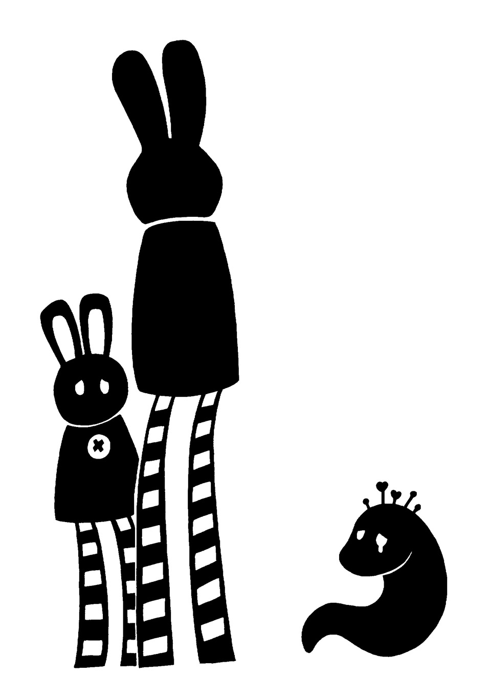 2015 ambiguous_gender animate_inanimate anthro armless biped black_and_white bodily_fluids button_(fastener) crying digital_drawing_(artwork) digital_media_(artwork) group hi_res lagomorph larger_anthro leporid living_plushie mammal mewt_(elly_zupko) monochrome parent_(lore) parent_and_child_(lore) pins plushie rabbit rabbit_ears restricted_palette silhouette simple_background size_difference smaller_anthro snoozee_(licoricetree) standing striped_legs sunnyclockwork tears trio white_background worm