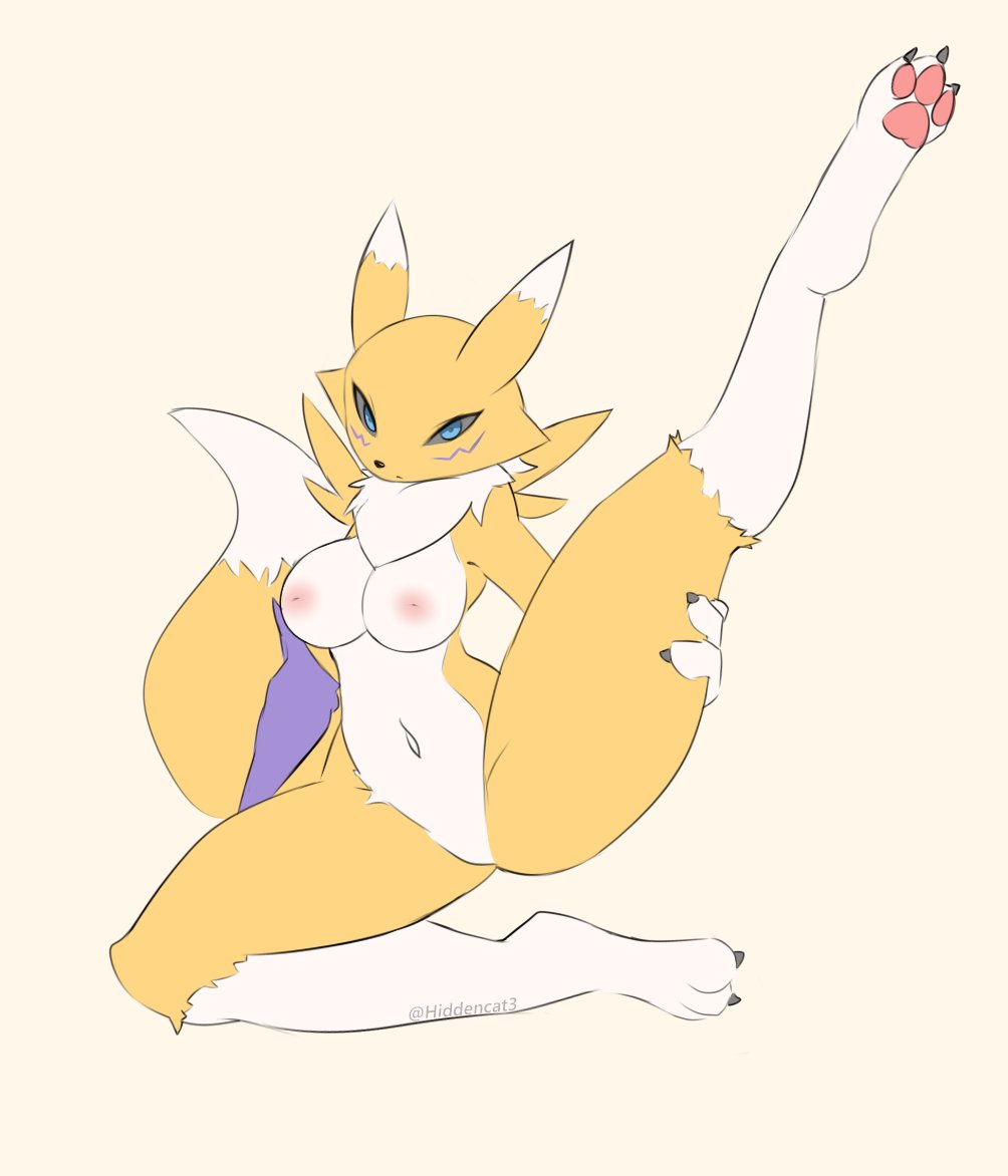 anthro armwear_only bandai_namco blue_eyes breasts claws digimon digimon_(species) female finger_claws fur hidden-cat looking_at_viewer nipples pawpads raised_leg renamon simple_background solo tail toe_claws yellow_body yellow_fur