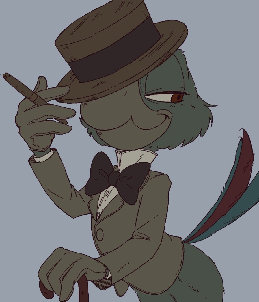 anthro avian baytaboo bird bottomless bow_tie cigar clothed clothing disney feathers gloves green_body green_feathers half-closed_eyes handwear hat headgear headwear jose_carioca male narrowed_eyes parrot red_eyes smile smirk solo suit tail_feathers top_hat walking_cane