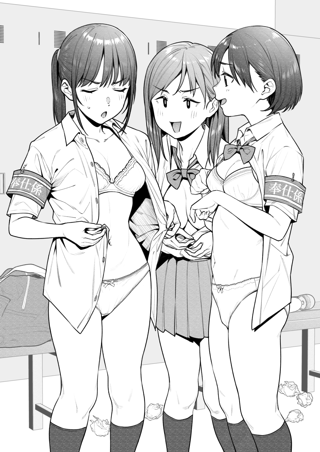 3girls armband blush bow bowtie bra breasts changing_clothes changing_room collared_shirt commentary_request dressing greyscale highres hitachi_magic_wand kneehighs long_hair medium_hair miniskirt monochrome multiple_girls no_panties original paid_reward_available panties parted_bangs pleated_skirt ponytail school_uniform sex_toy shirt short_hair short_sleeves skirt small_breasts socks swept_bangs translation_request tsukimoto_kizuki underwear used_tissue vibrator