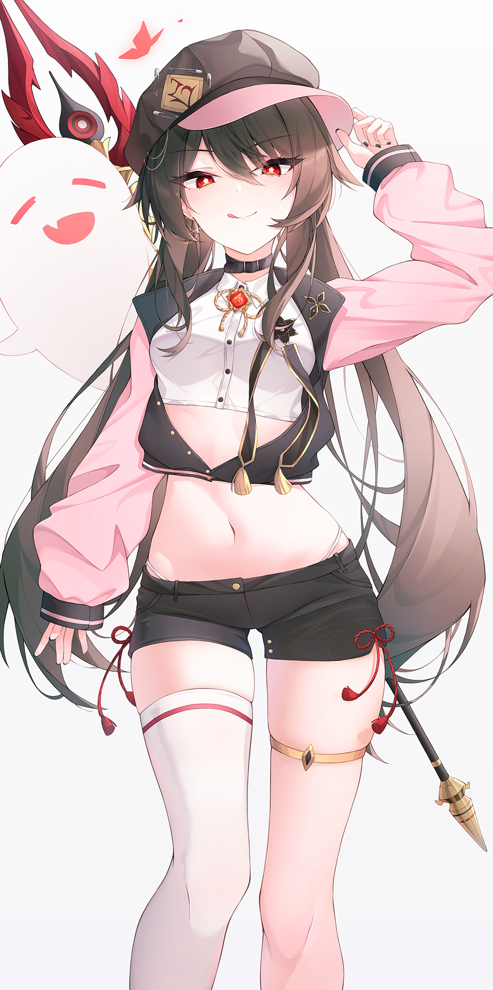 1girl :q adapted_costume arm_up black_choker black_hair black_nails boo_tao_(genshin_impact) breasts brooch choker closed_mouth crop_top earrings genshin_impact ghost glint hand_on_headwear hat highres hitodama hoop_earrings hu_tao_(genshin_impact) infinity_(kkx132) jewelry midriff navel red_eyes short_shorts shorts simple_background single_thighhigh small_breasts smile solo staff_of_homa_(genshin_impact) stomach tassel thighhighs thighlet thighs tongue tongue_out twintails vision_(genshin_impact) weapon weapon_on_back white_background white_thighhighs