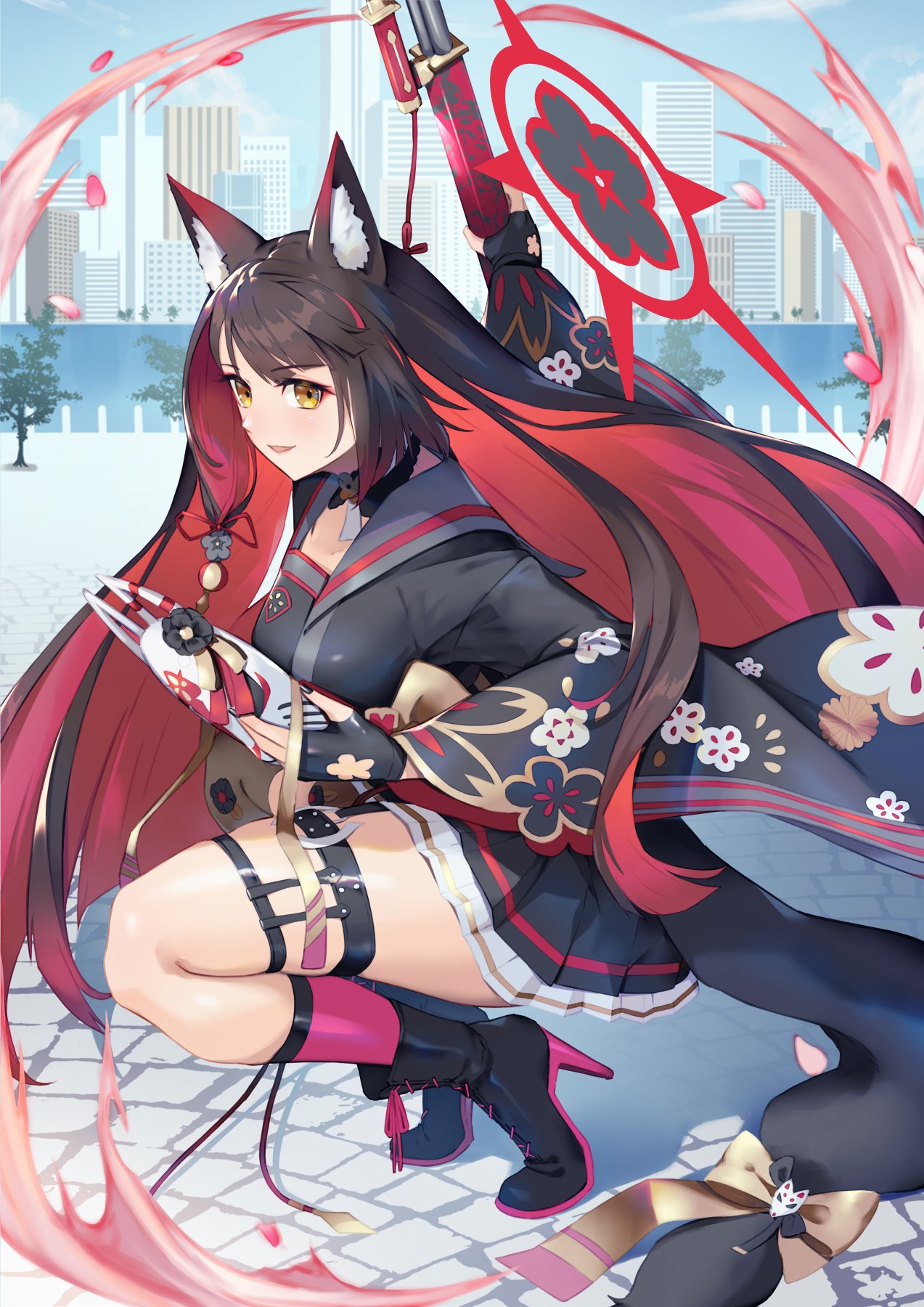 1girl animal_ears black_gloves black_hair black_kimono black_sailor_collar black_skirt blue_archive blush boots breasts colored_inner_hair eyeliner fingerless_gloves floral_print fox_ears fox_girl fox_mask fox_tail gloves gun hair_ornament halo high_heel_boots high_heels highres japanese_clothes kimono large_breasts long_hair long_sleeves looking_at_viewer makeup mask miniskirt multicolored_hair nakaga_eri obi open_mouth red_hair sailor_collar sash skirt smile solo squatting tail thigh_strap wakamo_(blue_archive) weapon wide_sleeves yellow_eyes