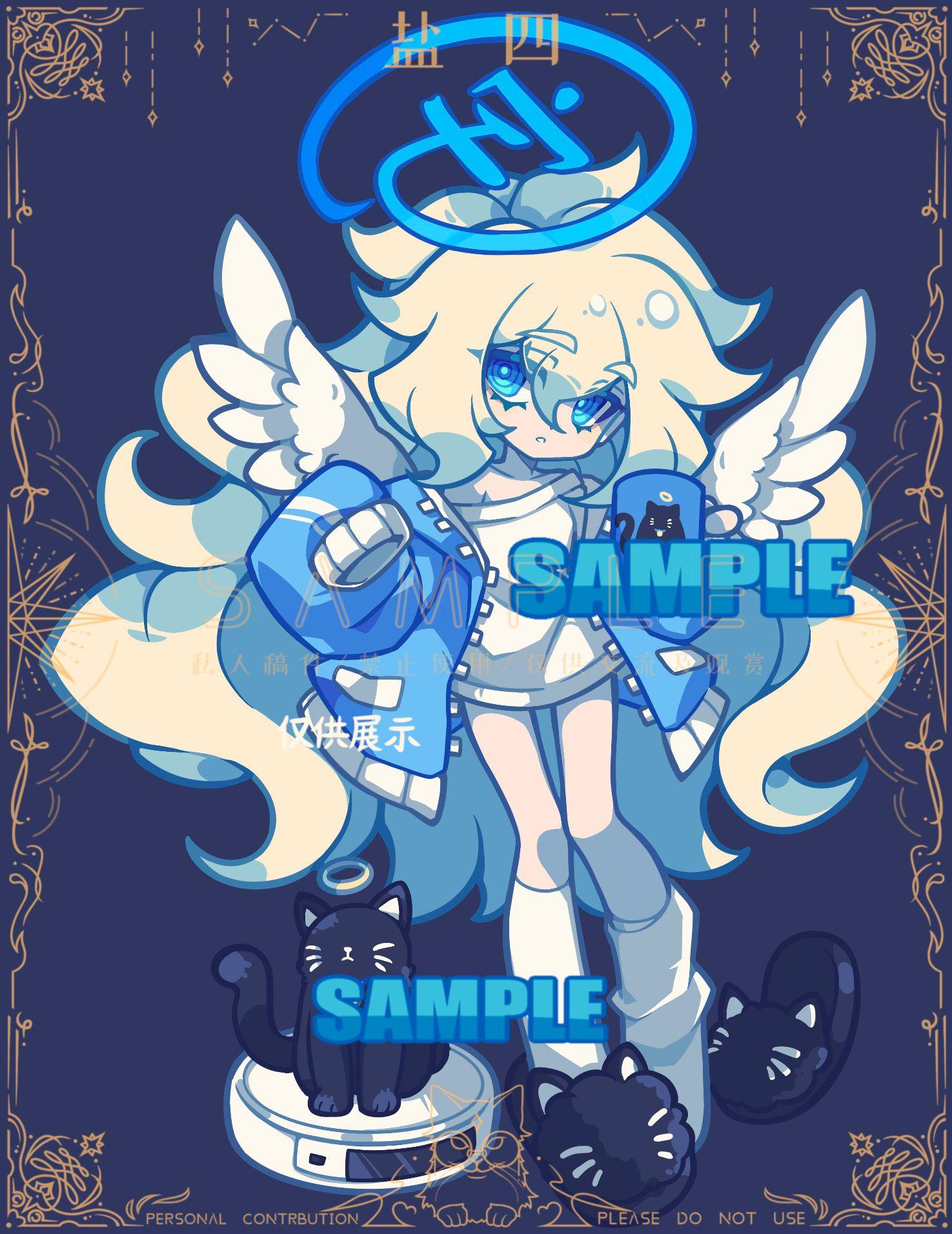 1girl angel_wings black_cat black_footwear blonde_hair blue_eyes blue_jacket blurry blurry_background cat cat_slippers cleaning_robot cup full_body halo highres holding holding_cup jacket long_hair mug original print_mug sample_watermark shirt shoes shoes_removed single_shoe sleeves_past_fingers sleeves_past_wrists socks solo very_long_hair white_shirt white_socks wings xianyudian_laoban