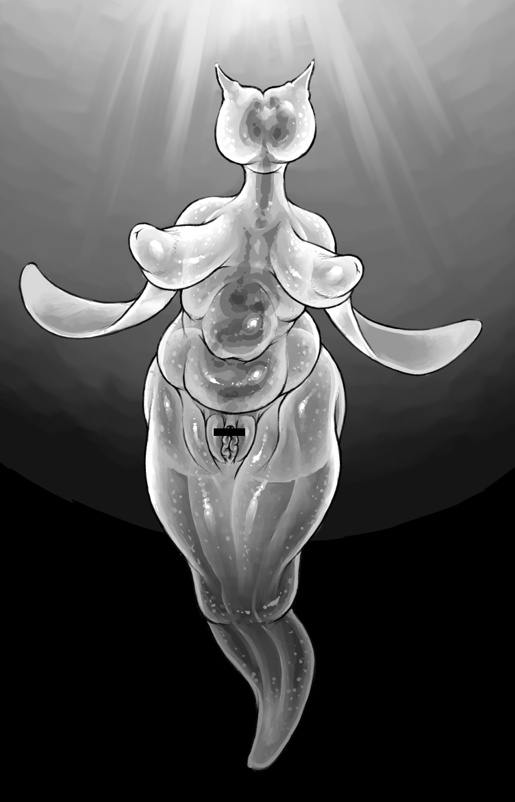 anthro aquatic_gastropod big_breasts breasts censor_bar curvy_figure double_deck faceless_character faceless_female female gastropod genitals huge_breasts inverted_nipples light light_beam marine mollusk monochrome nipples puffy_nipples pussy sagging_breasts sea_angel sea_slug slightly_chubby slug solo sunbeam sunlight translucent translucent_body underwater voluptuous water wide_hips winged_arms wings