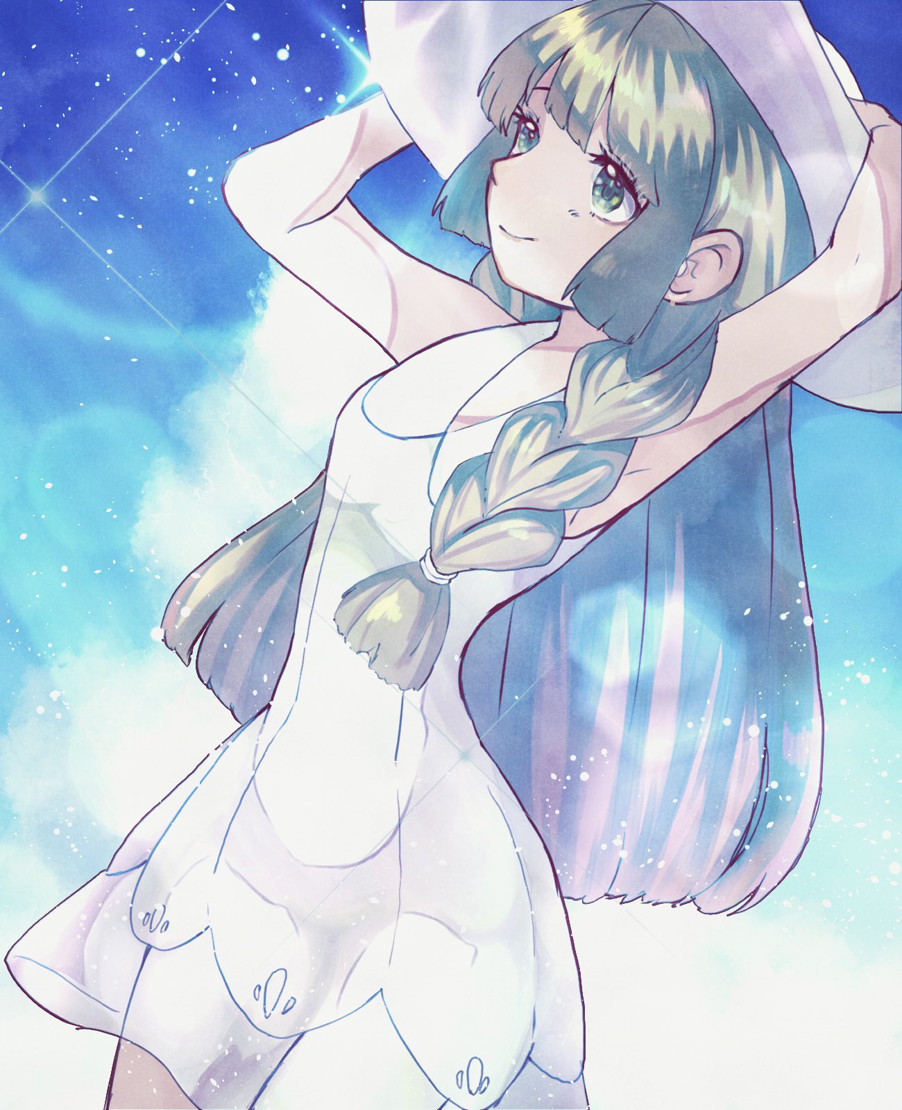 1girl arms_up blonde_hair blunt_bangs blunt_ends braid closed_mouth donguri_big dress green_eyes hat highres holding holding_clothes holding_hat lillie_(pokemon) long_hair looking_up pokemon pokemon_(game) pokemon_sm sky sleeveless sleeveless_dress smile star_(sky) starry_sky sun_hat twin_braids very_long_hair white_dress white_headwear