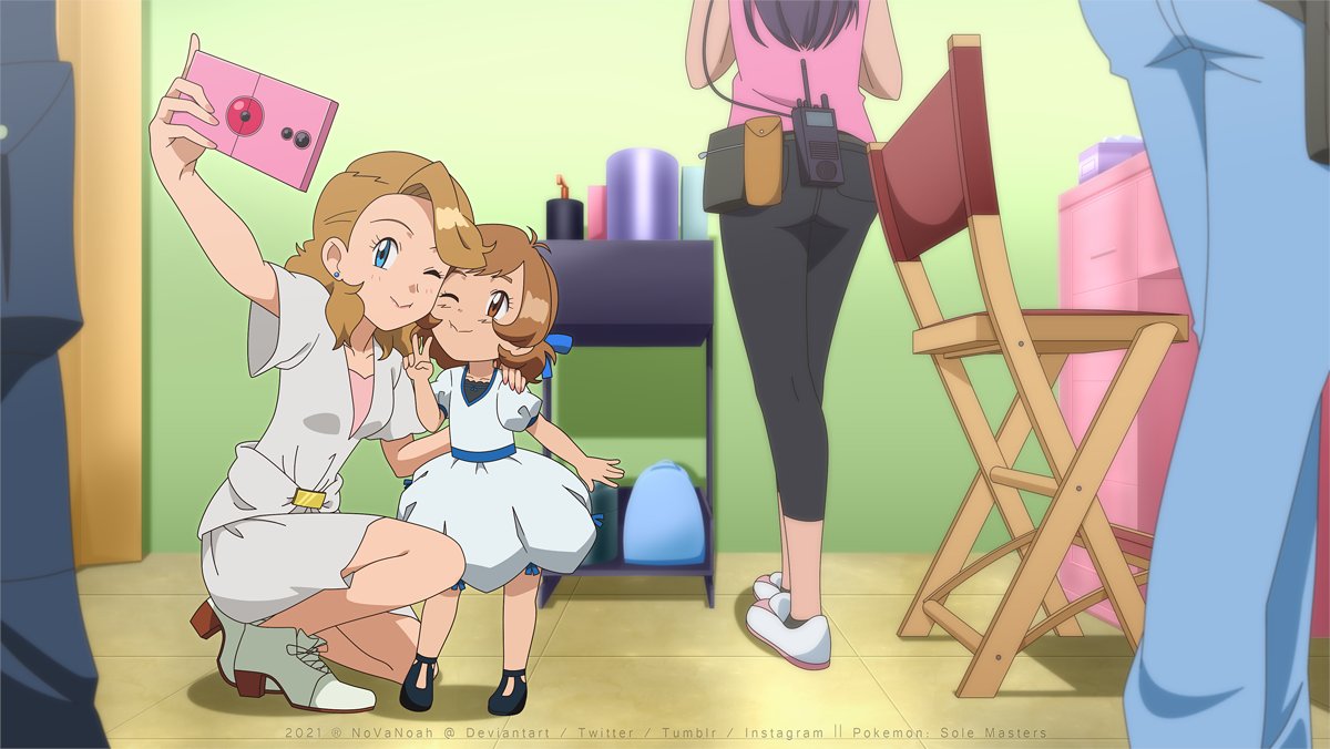 2boys 3girls affectionate aged_up blonde_hair blue_eyes blush chair child closed_mouth dress earrings eyelashes hand_on_another's_shoulder high_heels holding holding_phone indoors jewelry mixed-language_commentary mother_and_daughter multiple_boys multiple_girls noelia_ponce on_one_knee phone pokemon pokemon_(anime) pokemon_xy_(anime) selfie serena_(pokemon) short_sleeves smile table tile_floor tiles v