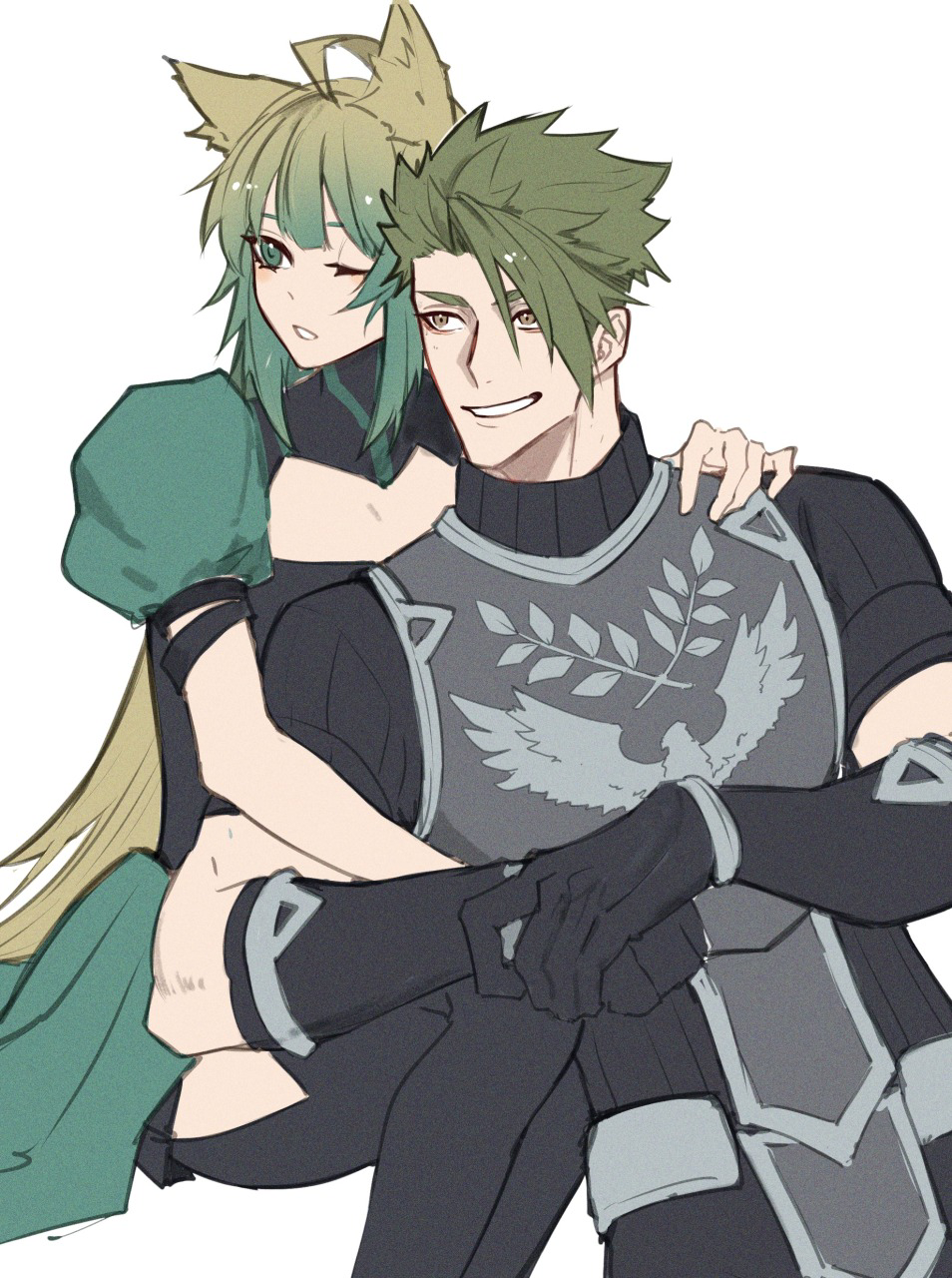 1boy 1girl achilles_(fate) ahoge animal_ear_fluff animal_ears armor atalanta_(fate) black_pantyhose black_shirt brown_eyes cleavage_cutout clothing_cutout eyelashes fate/apocrypha fate_(series) gauntlets gradient_hair green_eyes green_hair hand_on_another's_shoulder haruakira highres hug hug_from_behind multicolored_hair pantyhose puffy_short_sleeves puffy_sleeves ribbed_shirt shirt short_hair short_sleeves sitting undercut white_background