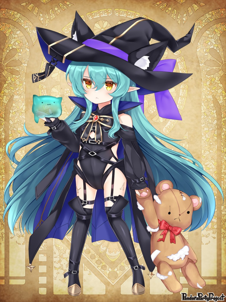 1girl animal_ear_fluff animal_ears animal_hat bare_shoulders black_footwear black_headwear black_leotard blue_hair boots bow copyright_name damaged fake_animal_ears full_body hair_between_eyes hand_up hat high_collar leotard long_hair long_sleeves official_art orange_eyes pandora_party_project puffy_long_sleeves puffy_sleeves red_bow shikito sleeves_past_wrists slime_(creature) solo standing stuffed_animal stuffed_toy stuffing teddy_bear thigh_boots very_long_hair witch_hat