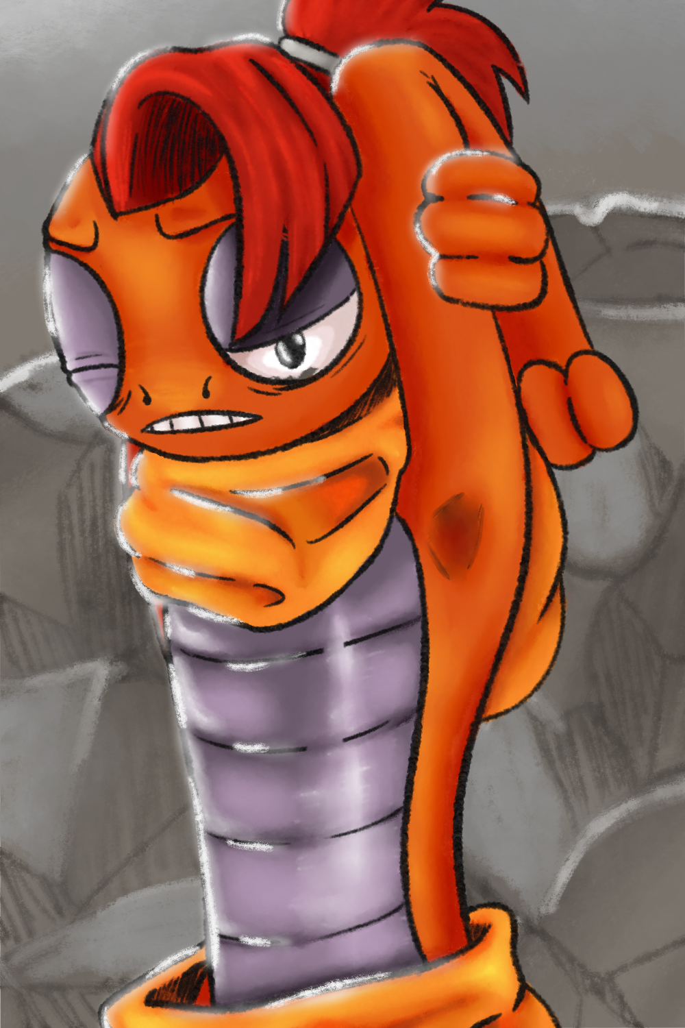 anthro baggy_eyes confusion generation_5_pokemon glistening glistening_body hair hi_res male nintendo pokemon pokemon_(species) scrafty solo stretching tied_hair tired tired_eyes vulin