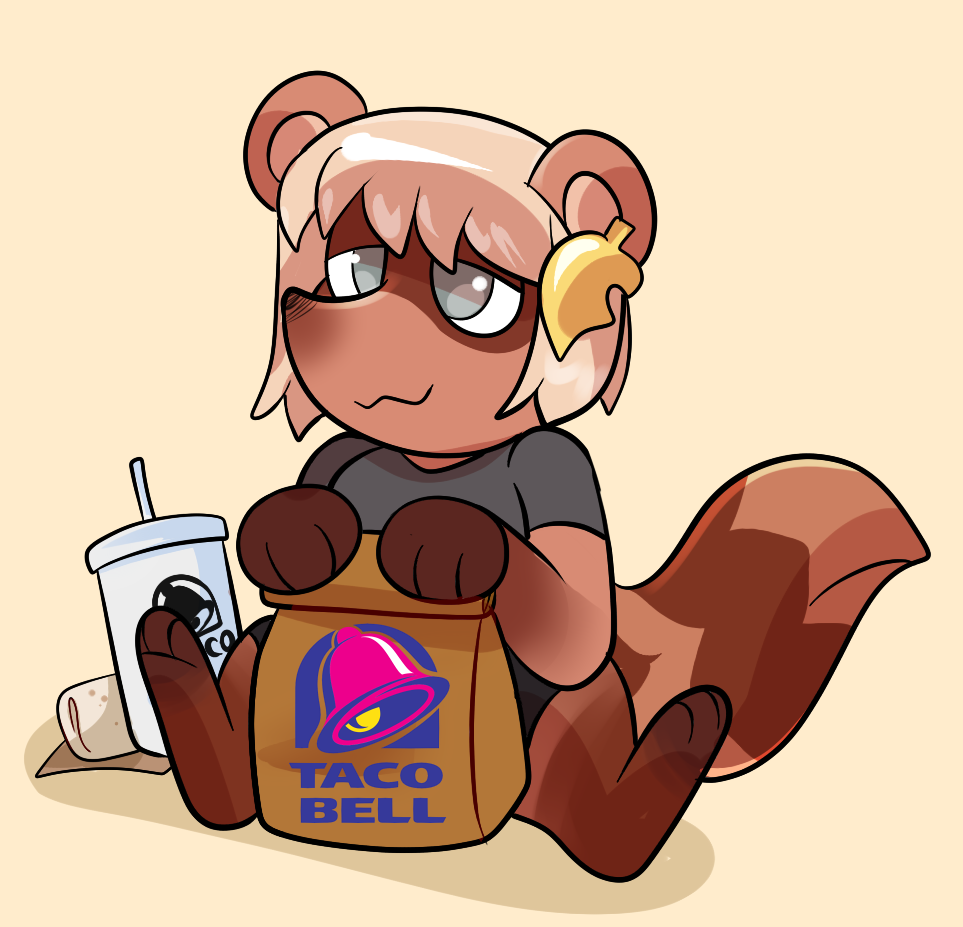 accessory anthro burrito canid canine chibi clothed clothing female food hair_accessory hairpin mammal napkin raccoon_dog rindeadsong soft_drink solo taco_bell taki_(taliyeh) tanuki