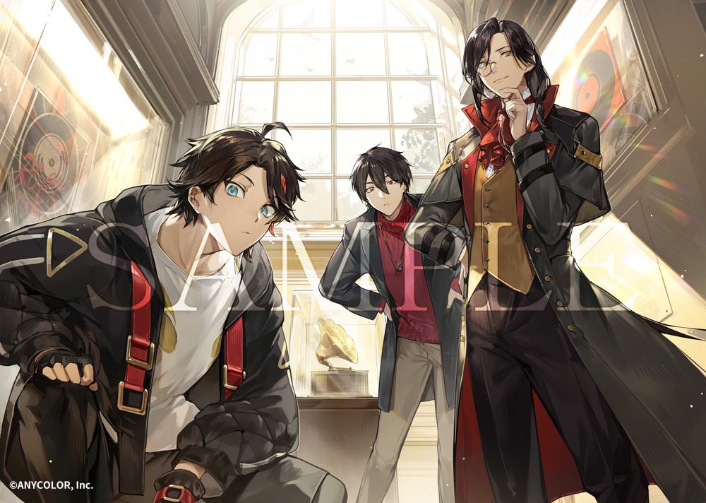 3boys :&lt; ahoge aqua_eyes ascot belt_buckle black_capelet black_coat black_gloves black_hair black_jacket black_leggings black_pants black_shorts bokyo brown_vest buckle capelet coat copyright display_case double-parted_bangs feet_out_of_frame fingerless_gloves gloves grey_pants hair_between_eyes hand_on_own_chin hand_on_own_hip hands_on_own_hips hood hood_down hooded_jacket indoors jacket jewelry lapels leaning_forward leggings light_particles long_sleeves looking_at_viewer low_ponytail male_focus medium_hair monocle multicolored_hair multiple_boys nijisanji notched_lapels official_art open_clothes open_coat open_jacket padded_jacket pants parted_bangs pendant phonograph record red_ascot red_eyes red_hair red_sweater ribbed_sweater saegusa_akina sample_watermark shellin_burgundy shirt short_hair shorts smile squatting standing streaked_hair sunlight sweater swept_bangs t-shirt trench_coat turtleneck turtleneck_sweater vest virtual_youtuber watermark white_shirt window yellow_eyes yumeoi_kakeru