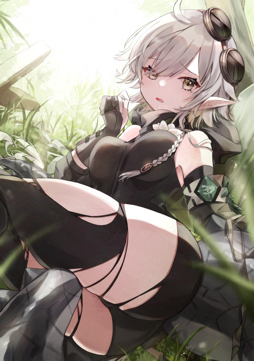 1girl ahoge arknights ass bare_shoulders black_shirt breasts crocodilian_tail feet_out_of_frame gloves goggles goggles_on_head grass grey_gloves grey_hair highres looking_at_viewer medium_breasts outdoors partially_fingerless_gloves pointy_ears saiko_(saisaka) shirt short_hair sleeveless sleeveless_shirt solo tail thighhighs thighs tomimi_(arknights) torn_clothes torn_thighhighs yellow_eyes