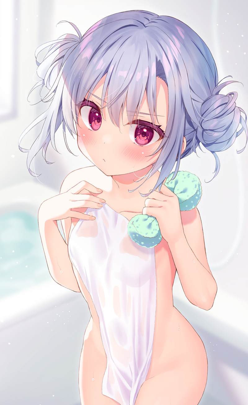 1girl blurry blurry_background blush breasts closed_mouth collarbone commentary_request covering double_bun grey_hair hair_between_eyes hair_bun highres holding holding_towel indoors looking_at_viewer nude nude_cover original red_eyes ryouka_(suzuya) small_breasts solo towel wet
