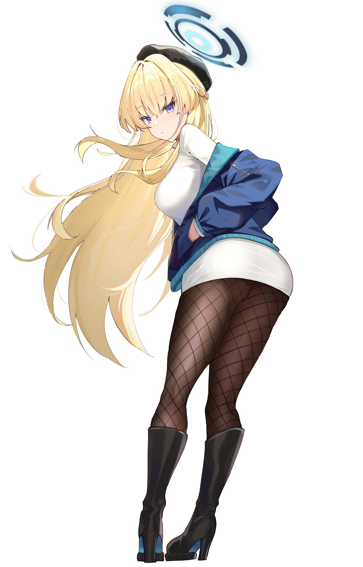 1girl ass beret black_footwear black_headwear blonde_hair blue_archive blue_eyes blue_jacket boots braid breasts brown_pantyhose fishnet_pantyhose fishnets french_braid full_body halo hat high_heel_boots high_heels highres jacket kakumayu knee_boots long_hair long_sleeves looking_at_viewer looking_back medium_breasts off_shoulder pantyhose shirt solo toki_(blue_archive) white_shirt