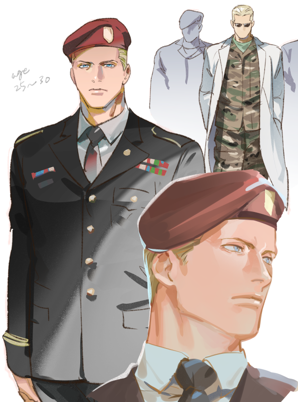 1boy albert_wesker black_jacket black_suit blonde_hair blue_eyes fatigues hair_slicked_back jacket lab_coat male_focus red_beret resident_evil suit tatsumi_(psmhbpiuczn)