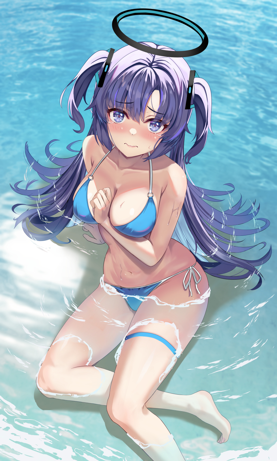 1girl bare_shoulders bikini blue_archive blue_eyes blush breasts cleavage closed_mouth collarbone halo highres kaneki_yushi long_hair looking_at_viewer navel parted_bangs partially_submerged purple_hair side-tie_bikini_bottom solo swimsuit thigh_strap thighs two_side_up water wet yuuka_(blue_archive)