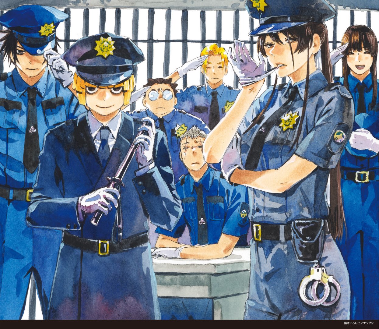 aza_touma belt biting black_hair blonde_hair closed_eyes cuffs everyone glasses glove_biting gloves hair_between_eyes handcuffs hat holding holding_clothes holding_hat jigokuraku long_hair looking_at_viewer officer official_art open_mouth police police_uniform policeman policewoman ponytail scarf serious short_hair short_sleeves smile standing uniform white_gloves yamada_asaemon_fuchi yamada_asaemon_genji yamada_asaemon_sagiri yamada_asaemon_shion yamada_asaemon_shugen yamada_asaemon_tensa yuji_kaku