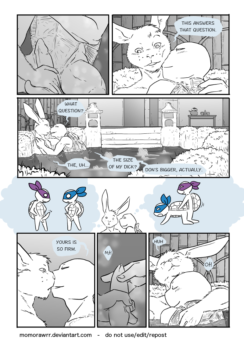 bath bathhouse comic dialogue donatello_(tmnt) duo embrace eyes_closed genitals hug implied_incest lagomorph leonardo_(tmnt) leporid male male/male mammal miyamoto_usagi momorawrr monochrome nude penis rabbit reptile scalie teenage_mutant_ninja_turtles turtle usagi_yojimbo water