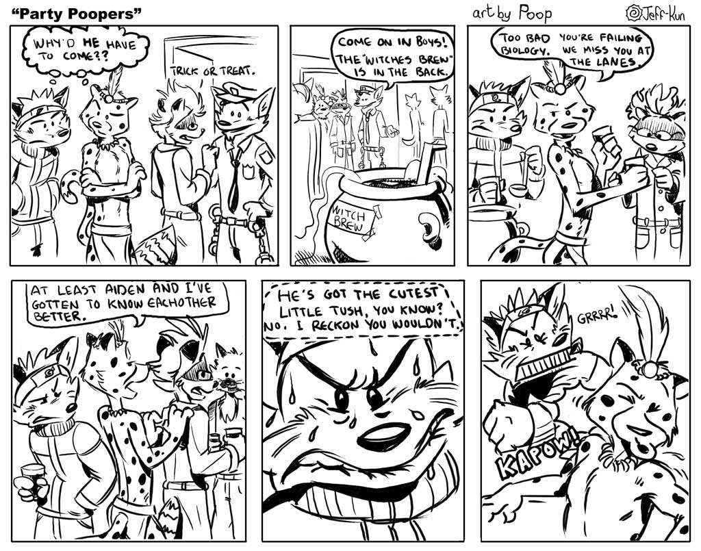 aiden_harris angry anthro beverage canid canine canis cheetah closet_coon clothing colin_young comic costume coyote cuff_(restraint) dialogue duma_matambo english_text felid feline food fox group halloween handcuffs holidays leafdog male mammal metal_cuffs monochrome naruto party police poop_(artist) procyonid punch raccoon restraints rodney_waters shackles text violence