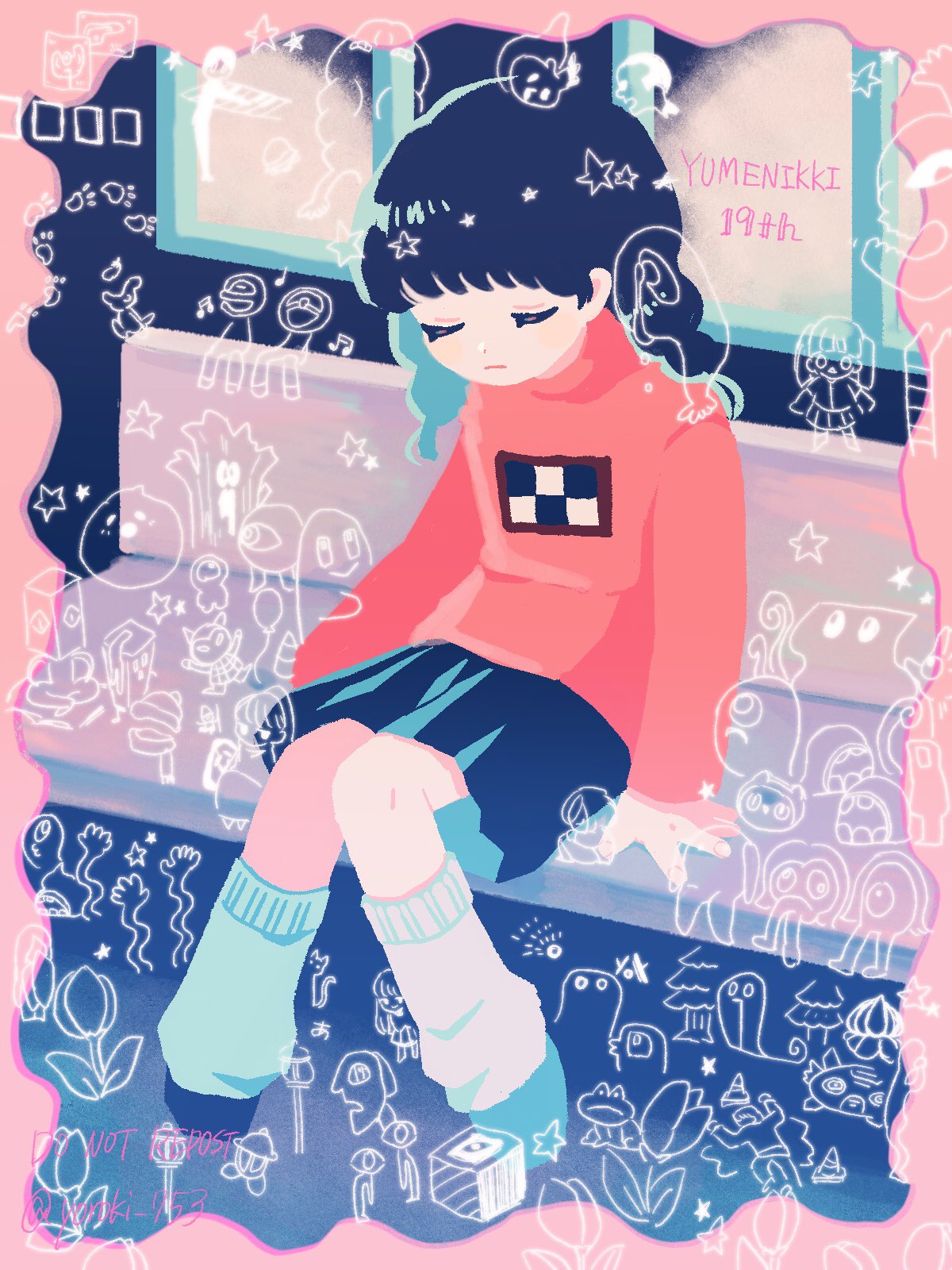 1girl 6+girls anniversary arm_support black_hair black_skirt border braid character_request closed_mouth commentary_request copyright_name dave_spector_(yume_nikki) english_text expressionless eye_person_(yume_nikki) facing_down fc_demon flower footprints frog frog_character_(yume_nikki) full_body highres indoors ittan-momen jellyfish_(yume_nikki) kamakurako kasei-san knees_together_feet_apart ladder lamppost leg_warmers long_hair long_sleeves madotsuki mafurako monoe monoko multiple_girls musical_note nasu_(yume_nikki) on_bench pink_border pink_sweater poniko print_sweater sekomumasada_sensei shitaisan shoes sitting skirt solo solo_focus star_(symbol) sweater takofuusen tulip turtleneck turtleneck_sweater twin_braids twitter_username watermark wheelie_(yume_nikki) yoroki_753 yuki_onna yume_nikki