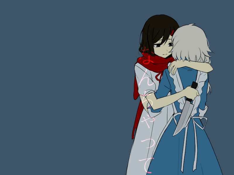 2girls aaniko alternate_hair_length alternate_hairstyle apron black_eyes black_hair blue_background closed_mouth commentary dress facing_another facing_away feet_out_of_frame frilled_apron frills fringe_trim from_behind hair_between_eyes hand_on_another's_shoulder holding holding_knife hug kagerou_project kitchen_knife knife kozakura_marry long_hair looking_at_another multiple_girls neck_ribbon puffy_short_sleeves puffy_sleeves red_ribbon red_scarf ribbon scarf short_hair short_sleeves simple_background sleeves_past_elbows tateyama_ayano unbuttoned_sleeves white_apron white_dress white_hair