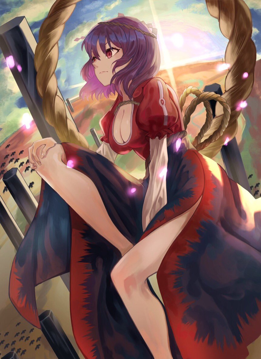 1girl bird black_skirt blue_sleeves breasts cleavage closed_mouth cloud commentary_request foot_out_of_frame haido_(unisan) hand_on_own_knee large_breasts layered_sleeves legs lens_flare long_sleeves onbashira outdoors purple_hair red_eyes red_shirt rope shimenawa shirt short_hair short_over_long_sleeves short_sleeves sitting skirt sun touhou yasaka_kanako