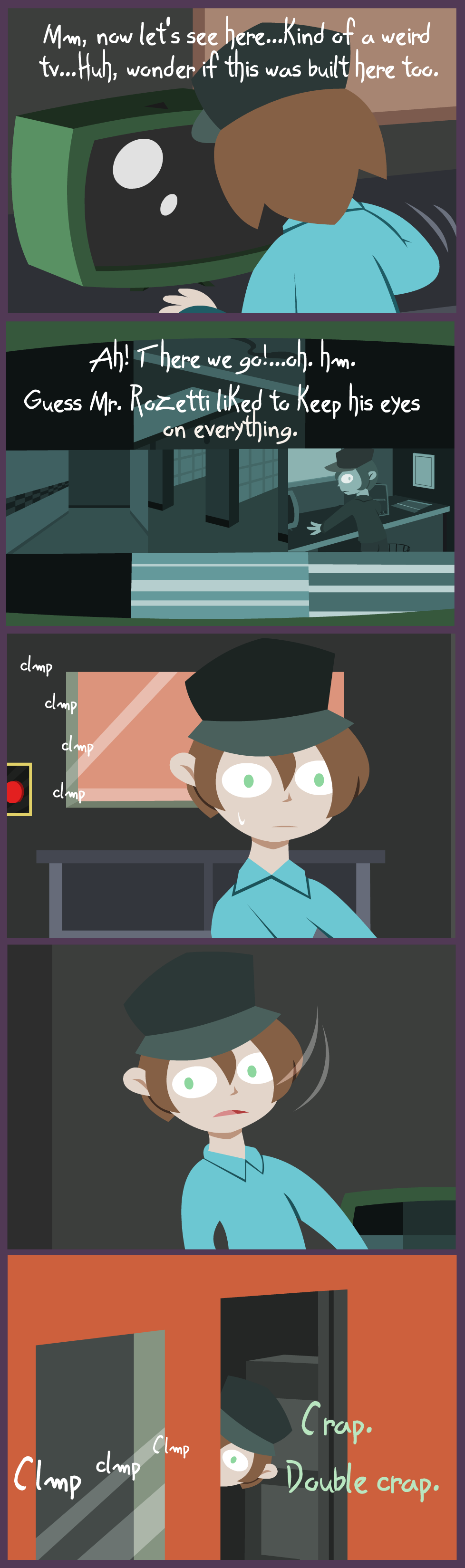 absurd_res brown_hair clothing comic english_text green_eyes hair hat headgear headwear hi_res human male mammal monitor office red_button shane_frost solo text