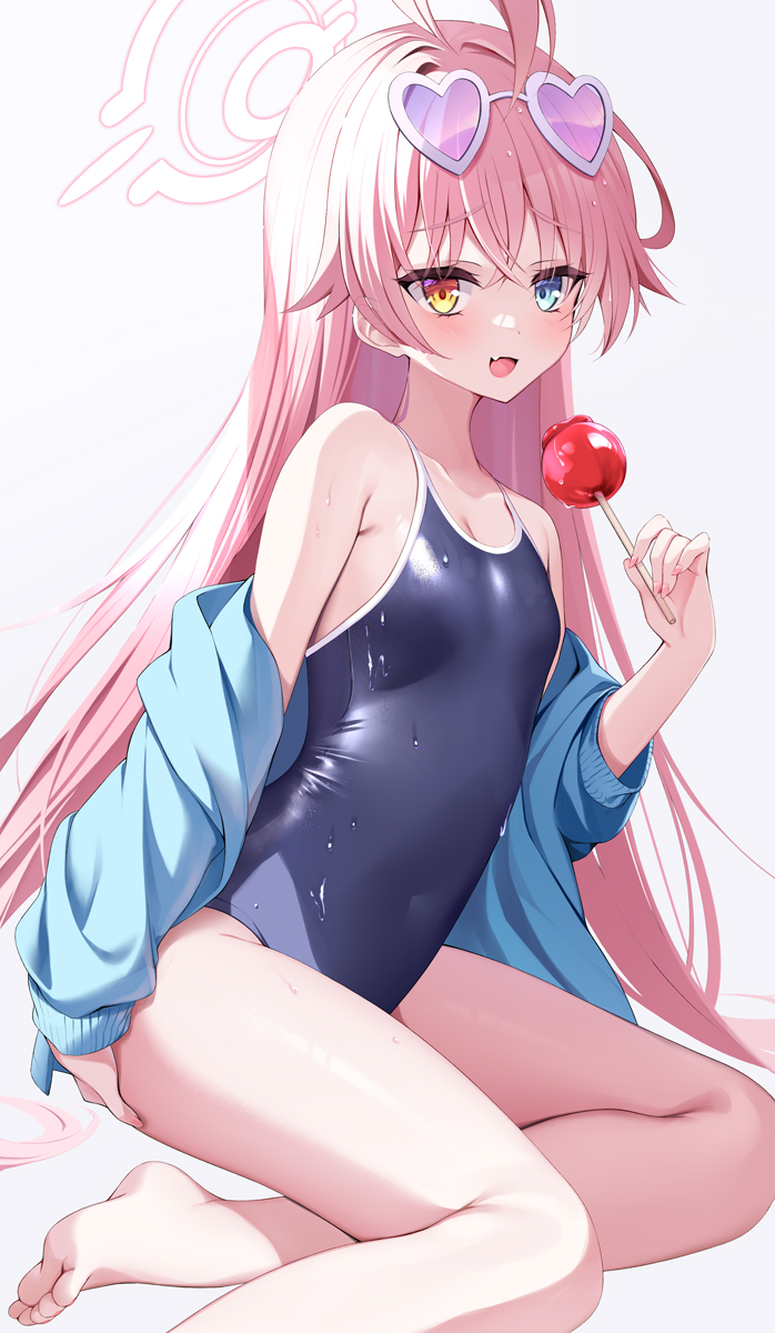 1girl ahoge armpit_crease bare_legs bare_shoulders barefoot blue_archive blue_eyes blue_jacket blue_one-piece_swimsuit blush breasts candy_apple commentary competition_school_swimsuit covered_navel crossed_bangs eyewear_on_head fang feet fingernails food foot_out_of_frame furrowed_brow hair_between_eyes halo hatsuhi heart heart-shaped_eyewear heterochromia highres holding holding_food hoshino_(blue_archive) jacket legs long_fingernails long_hair long_sleeves looking_at_viewer nail_polish off_shoulder one-piece_swimsuit open_clothes open_jacket open_mouth pink-tinted_eyewear pink_hair pink_halo pink_nails school_swimsuit simple_background sitting skin_fang sleeves_past_wrists small_breasts smile solo sunglasses swimsuit thighs tinted_eyewear toes track_jacket very_long_hair water_drop wet wet_clothes wet_swimsuit white-framed_eyewear white_background yellow_eyes yokozuwari