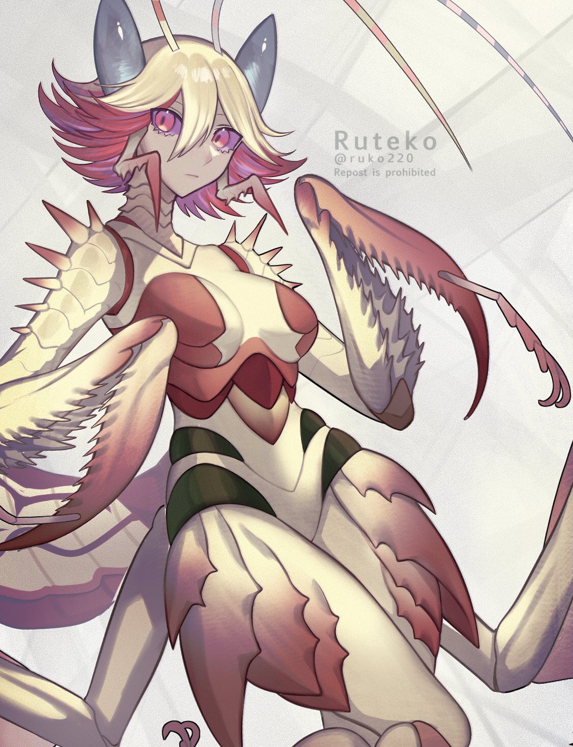 1girl antennae arthropod_girl arthropod_limbs artist_name blonde_hair carapace colored_sclera colored_skin extra_arms highres looking_at_viewer mandibles mantis_girl monster_girl multicolored_hair multicolored_skin original pink_hair pink_sclera ruteko_(ruko220) simple_background skirt solo spikes twitter_username white_skirt