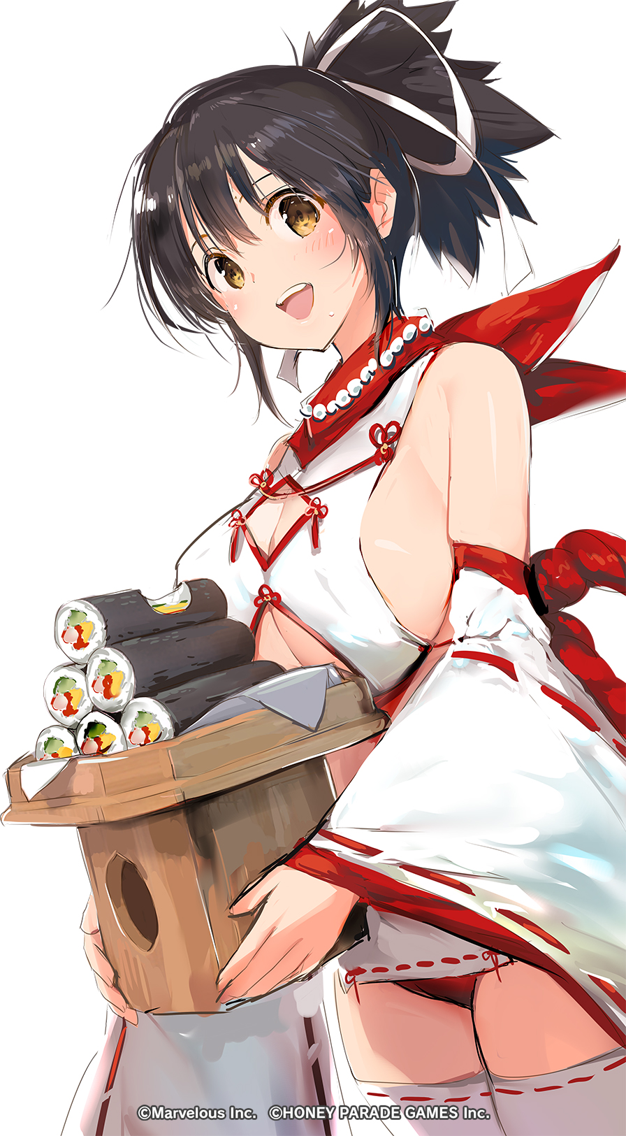 1girl asuka_(senran_kagura) bare_shoulders black_hair blush box breasts brown_eyes chinese_knot cleavage cleavage_cutout clothing_cutout copyright copyright_name detached_sleeves food hair_ribbon highres holding holding_box holding_food huge_breasts japanese_clothes jewelry looking_at_viewer makizushi marvelous microskirt necklace nontraditional_miko official_art open_mouth panties pearl_necklace ponytail red_panties red_scarf revealing_clothes ribbon ribbon-trimmed_skirt ribbon-trimmed_sleeves ribbon-trimmed_thighhighs ribbon_trim rope rope_around_waist scarf senran_kagura senran_kagura_shoujo-tachi_no_shin'ei shiny_skin short_hair short_ponytail sideboob simple_background skirt smile solo sushi tassel teeth thighhighs tongue underboob underboob_cutout underwear upper_teeth_only white_background white_ribbon white_thighhighs wide_sleeves yaegashi_nan