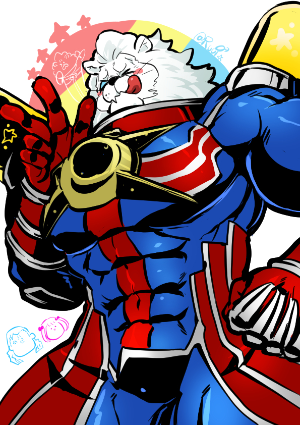 &gt;:) 1boy :q animal_head bara blue_bodysuit blush_stickers bodysuit climaxmukr covered_abs cowboy_shot doodle_inset fang fate/grand_order fate_(series) furry furry_male gloves huge_pectorals large_hands lion_boy male_focus mature_male muscular muscular_male red_gloves short_hair sideburns skin_fang solo spandex thomas_edison_(fate) tongue tongue_out v v-shaped_eyebrows white_hair