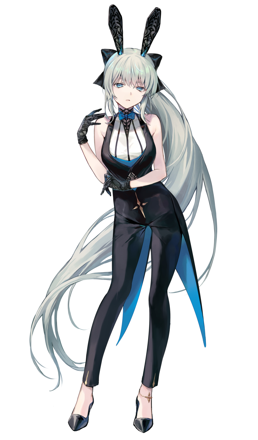 1girl absurdly_long_hair animal_ears anklet bare_shoulders black_bow black_footwear black_gloves black_pants black_vest blue_eyes bow bowtie braid breasts cleavage coattails fake_animal_ears fate/grand_order fate_(series) french_braid full_body gloves grey_hair hair_bow highres jewelry large_breasts long_hair looking_at_viewer morgan_le_fay_(fate) pants ponytail revision sidelocks solo tachi-e very_long_hair vest vivi_(eve_no_hakoniwa)