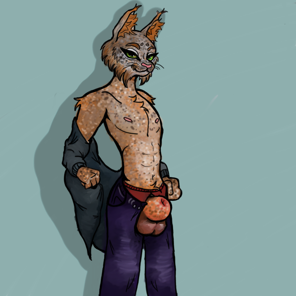 animal_genitalia anthro bottomwear clothing felid feline fluffy_ears genitals green_eyes hoodie looking_at_viewer lynx male mammal pants red_clothing red_underwear sheath solo spots spotted_body topwear tsoap underwear undressing undressing_self