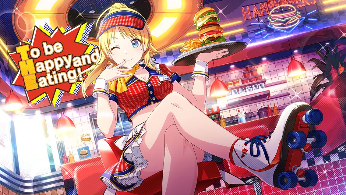 1girl ;q ahoge bar_stool bare_legs blonde_hair blue_eyes breasts burger buttons cleavage collared_shirt crop_top crossed_legs day diner drop_shadow english_text food foreshortening french_fries frilled_skirt frills game_cg hachimiya_meguru hair_flaps halftone hand_to_own_mouth hanging_light holding holding_tray idolmaster idolmaster_shiny_colors indoors large_breasts legs light_rays long_hair looking_at_viewer midriff neck_ribbon official_art one_eye_closed oversized_food oversized_object pinstripe_pattern ponytail red_headwear red_shirt red_skirt ribbon roller_skates shelf shirt short_sleeves sitting skates skirt smile solo sparkle star_(symbol) stool striped tile_wall tiles tongue tongue_out tray visor_cap waist_ribbon waitress white_ribbon white_wrist_cuffs wrist_cuffs yellow_ribbon