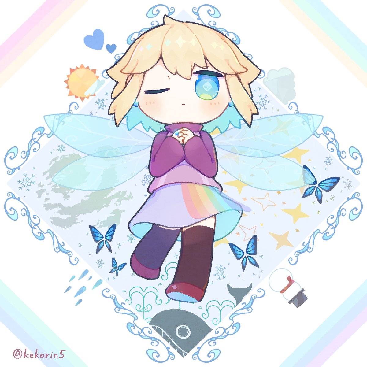 1girl aqua_hair black_thighhighs blonde_hair blue_butterfly blue_eyes blue_heart bug butterfly closed_mouth colored_inner_hair commentary_request diamond-shaped_pupils diamond_(shape) diamond_earrings earrings fairy_wings full_body hair_flaps hands_up heart highres jewelry kekorin5 multicolored_hair one_eye_closed over-kneehighs own_hands_together purple_skirt rainbow red_footwear ring shoes sidelocks skirt snowflakes snowman solo sparkle straight-on sun sweater symbol-shaped_pupils thighhighs turtleneck turtleneck_sweater twitter_username two-tone_hair unusually_open_eyes urotsuki w_arms whale wings yume_2kki zettai_ryouiki