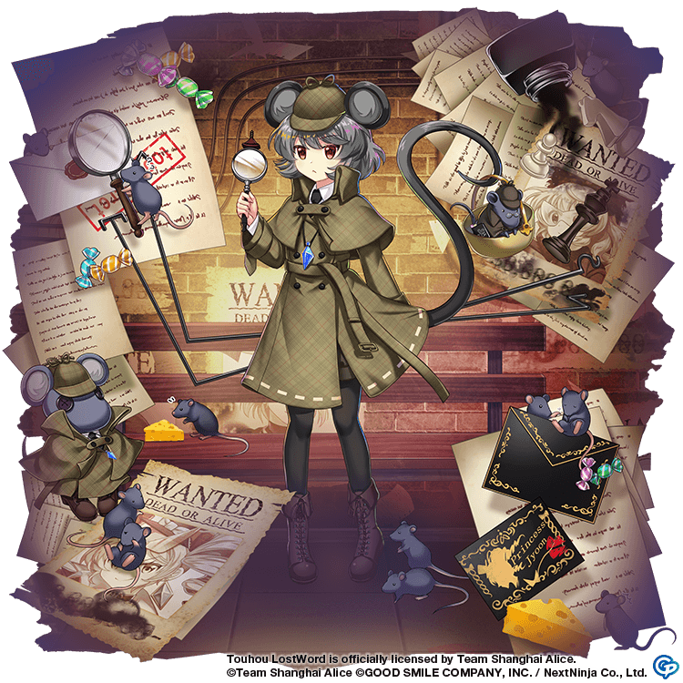 1girl adapted_costume animal_ears boots brown_eyes brown_footwear candy capelet cheese chess_piece closed_mouth commentary copyright_name deerstalker detective dowsing_rod dress english_commentary envelope food full_body game_cg grey_capelet grey_dress grey_hair hat holding holding_magnifying_glass jewelry kurodani_yamame kurodani_yamame_(envoy_from_the_underworld) looking_at_viewer magnifying_glass mouse mouse_ears mouse_girl mouse_tail nazrin nazrin_(genius_mouse_detective) pendant red_eyes rotte_(1109) short_hair tail third-party_source touhou touhou_lost_word wanted yorigami_jo'on yorigami_jo'on_(pestilent_phantom_thief_joon)