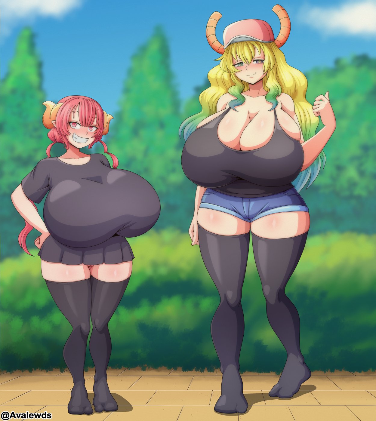 animal_humanoid avalewds big_breasts blush bottomwear breasts clothed clothing dragon dragon_humanoid duo female genitals hair hat headgear headwear heterochromia hi_res horn horned_humanoid huge_breasts humanoid ilulu legwear looking_at_viewer miss_kobayashi's_dragon_maid multicolored_hair no_underwear not_furry pink_eyes pink_hair pussy quetzalcoatl_(dragon_maid) shirt shorts smile tank_top thigh_highs topwear two_tone_hair white_body white_skin