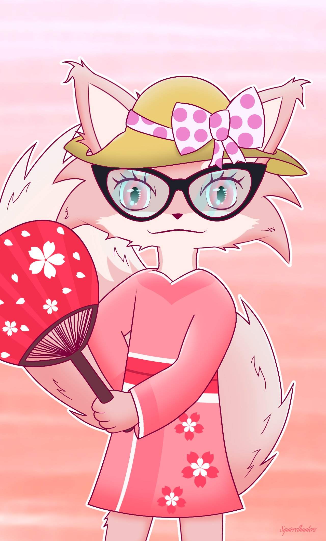 ambiguous_gender anthro asian_clothing big_tail canid canine clothing east_asian_clothing eyewear fan_character fluffy fluffy_tail fox fur fursona_oc glasses hat headgear headwear hi_res japanese_clothing kerolink kimono male mammal pink_background pink_body pink_eyes pink_fur pixile_studios sakura simple_background solo squirrelraw straw_hat super_animal_royale tail