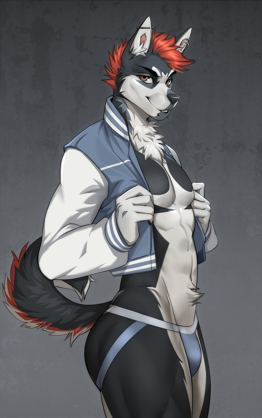 anthro blue_clothing canid canine canis clothing curled_tail david_morston domestic_dog ear_piercing facial_piercing fur hair hi_res highlights_(coloring) husky industrial_piercing jacket jockstrap letterman_jacket lip_piercing looking_at_viewer male mammal mohawk mostly_nude multicolored_body multicolored_fur neck_tuft nordic_sled_dog piercing pose red_hair sebastian_the_husky snakebite_piercing solo spitz standing tail topwear tuft underwear