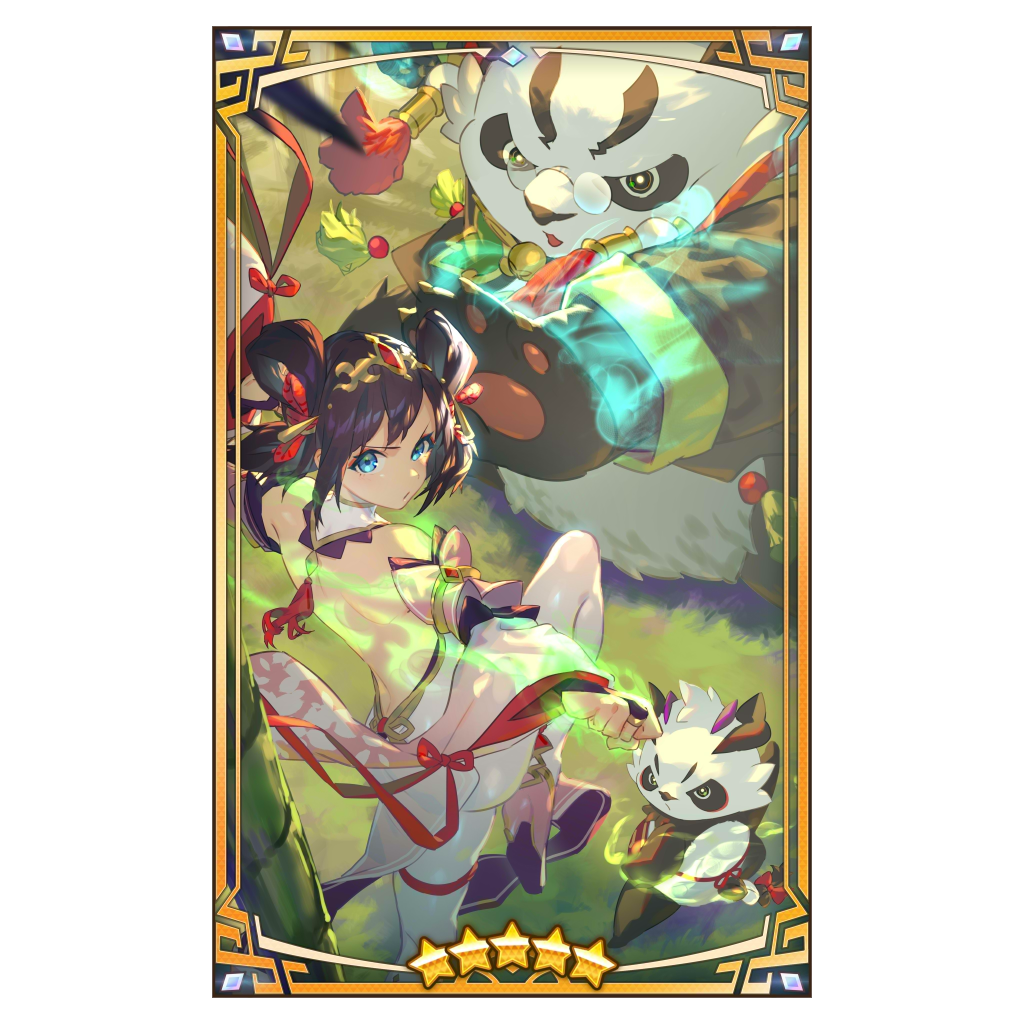 1girl 2boys animal_ears aura bamboo claws dragalia_lost dragon_horns furry furry_male furry_with_non-furry grass horns interspecies lin_you long_long_(dragalia_lost) looking_at_viewer mao_mao_(dragalia_lost) martial_arts multiple_boys official_art open_mouth panda_boy panda_ears pawpads round_eyewear star_(symbol) u_u_zan