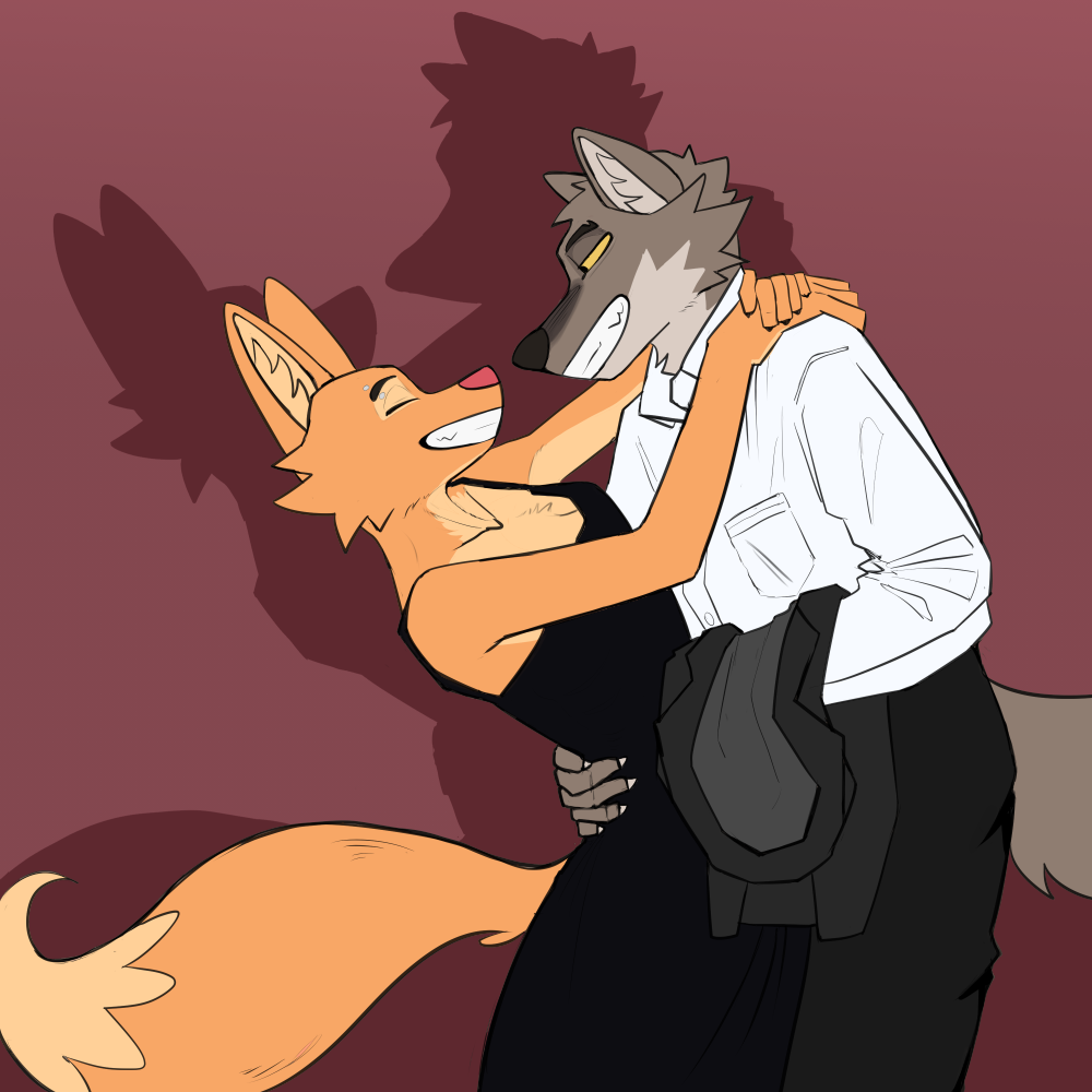 1:1 2023 5_fingers anthro anthro_on_anthro arm_around_neck black_nose bottomwear breasts brown_body brown_fur canid canine canis claws cleavage clothed clothing dancing diane_foxington digital_media_(artwork) dreamworks dress dress_shirt duo eyebrow_piercing eyebrows eyes_closed facial_piercing female finger_claws fingers fox fur gilgames grin hand_on_back hand_on_shoulder humanoid_hands looking_at_another looking_at_partner male male/female mammal mr._wolf_(the_bad_guys) orange_body orange_fur pants piercing pink_nose shadow shirt smile teeth the_bad_guys topwear wolf