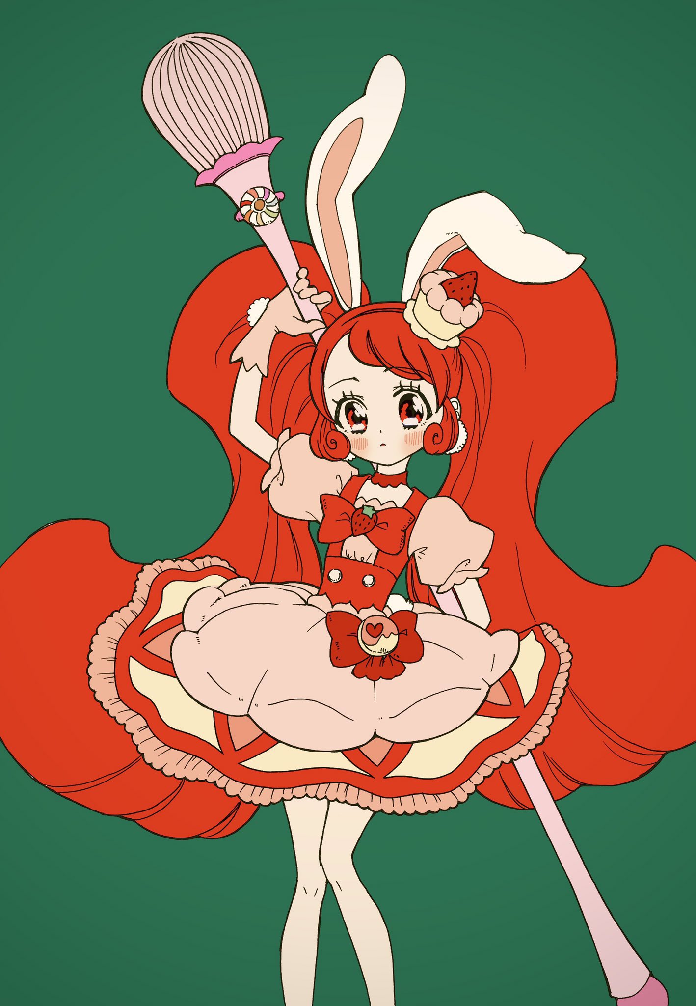 1girl aji_fry animal_ears blush bow cake cake_hair_ornament choker commentary_request cure_whip dress earrings extra_ears food food-themed_hair_ornament food-themed_ornament fruit_brooch gloves green_background hair_ornament highres holding jewelry kirakira_precure_a_la_mode long_hair magical_girl pom_pom_(clothes) precure rabbit_ears red_eyes red_hair solo strawberry_brooch strawberry_shortcake twintails usami_ichika