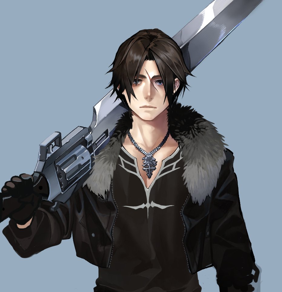 1boy alternate_costume black_gloves black_jacket black_shirt blue_background blue_eyes brown_hair cropped_jacket expressionless final_fantasy final_fantasy_viii fur-trimmed_jacket fur_trim gloves gunblade holding holding_weapon jacket jewelry long_sleeves male_focus necklace nini_tw99 open_clothes open_jacket over_shoulder scar scar_on_face scar_on_forehead shirt short_hair simple_background solo standing v-neck weapon weapon_over_shoulder