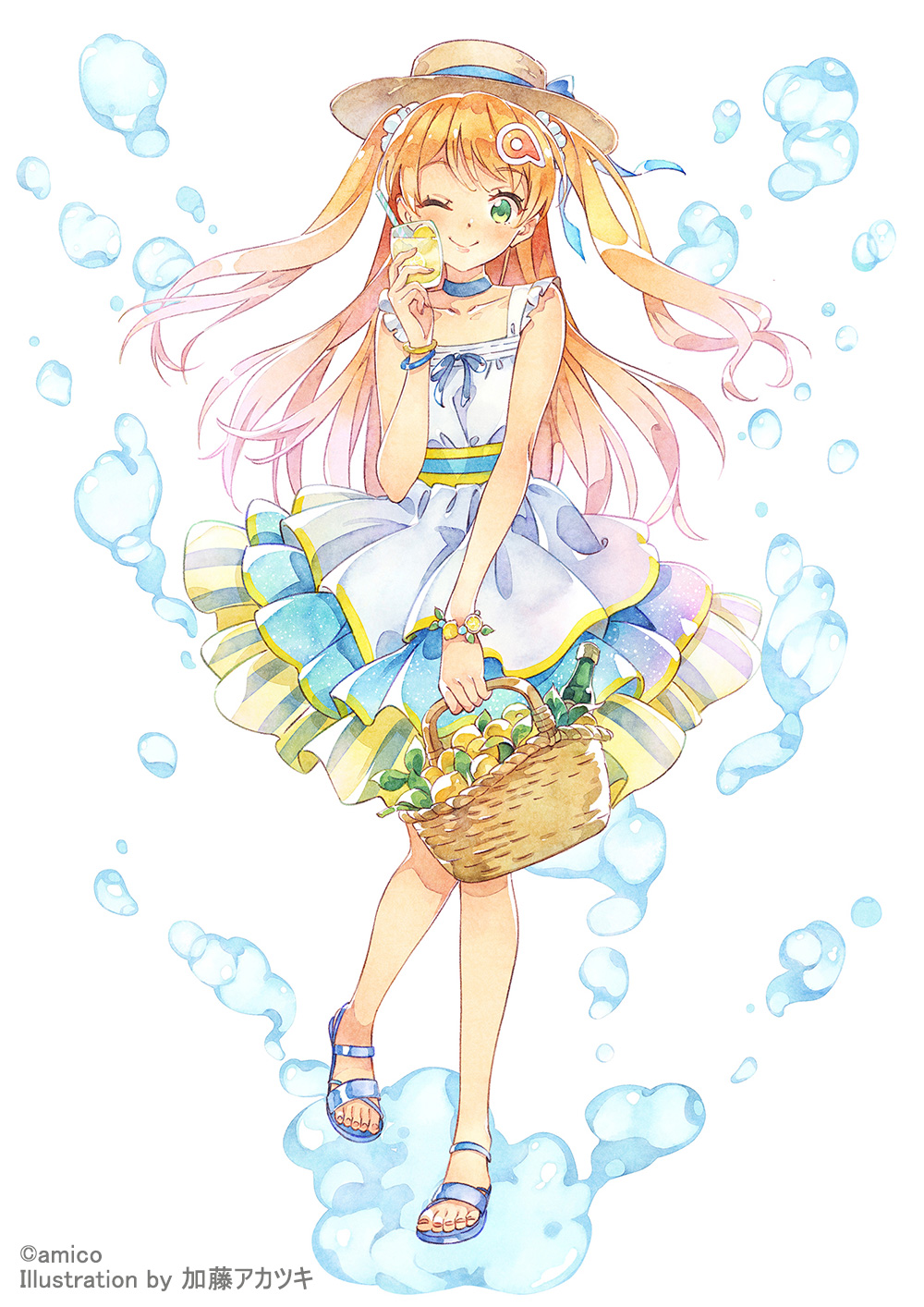 1girl amiami_(company) amico basket blue_choker blue_footwear blush bracelet brown_headwear bubble choker cup dress full_body gradient_hair green_eyes hair_ornament hat highres holding holding_basket holding_cup jewelry katou_akatsuki long_hair looking_at_viewer multicolored_hair one_eye_closed orange_hair pink_hair sandals simple_background smile solo two_side_up very_long_hair white_background