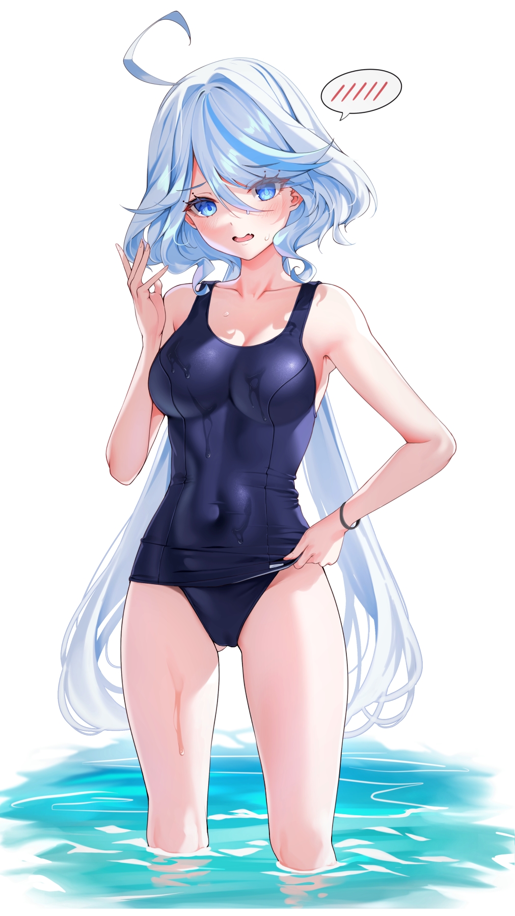 1girl ahoge armpits ass_visible_through_thighs bare_arms bare_shoulders blue_eyes blue_hair blue_one-piece_swimsuit blush breasts collarbone commentary_request covered_navel cowlick drop-shaped_pupils furina_(genshin_impact) genshin_impact hair_between_eyes heterochromia highres holding holding_clothes light_blue_hair long_hair looking_at_viewer matrix16 medium_breasts multicolored_hair old_school_swimsuit one-piece_swimsuit open_mouth ponytail revision school_swimsuit school_swimsuit_flap simple_background solo spoken_blush standing swimsuit wet wet_clothes wet_swimsuit white_background white_hair