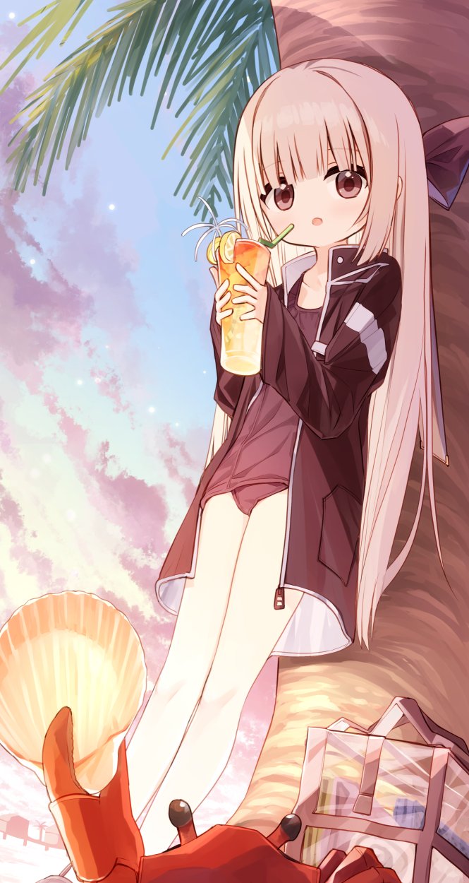 1girl animal bag bendy_straw black_jacket blue_sky brown_eyes brown_hair brown_one-piece_swimsuit cloud collarbone commentary_request crab cup drinking_glass drinking_straw healer_girl_(yuuhagi_(amaretto-no-natsu)) highres holding holding_cup jacket long_hair long_sleeves looking_at_viewer old_school_swimsuit one-piece_swimsuit open_clothes open_jacket original outdoors palm_tree parted_lips school_swimsuit seashell see-through shell sky sleeves_past_wrists solo sunset swimsuit swimsuit_under_clothes tree very_long_hair wide_sleeves yuuhagi_(amaretto-no-natsu)
