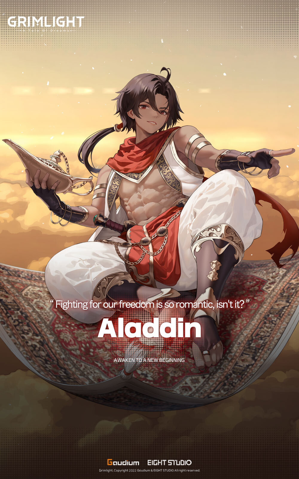 1boy ahoge aladdin_(grimlight) arabian_clothes artist_request brown_hair commentary dark-skinned_male dark_skin english_commentary english_text grimlight harem_pants highres long_hair magic_carpet male_focus official_art oil_lamp pants parted_bangs ponytail red_eyes solo toeless_footwear toned toned_male topless_male
