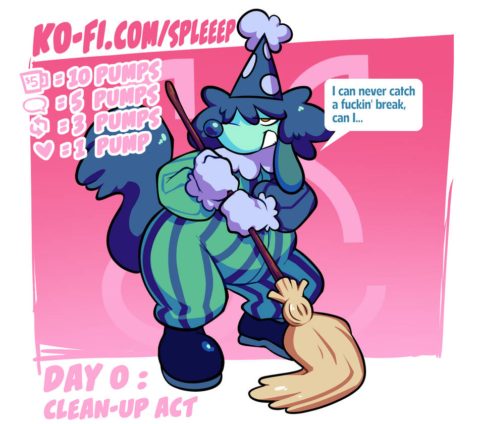 ambiguous_gender anthro canid canine canis cleaning cleaning_tool clothed clothing clown clown_nose domestic_dog fan_character floppy_ears fluffy fluffy_tail footwear fully_clothed hat headgear headwear holding_object mammal mop party_hat pointy_hat shoes snout solo spleeep tail toony