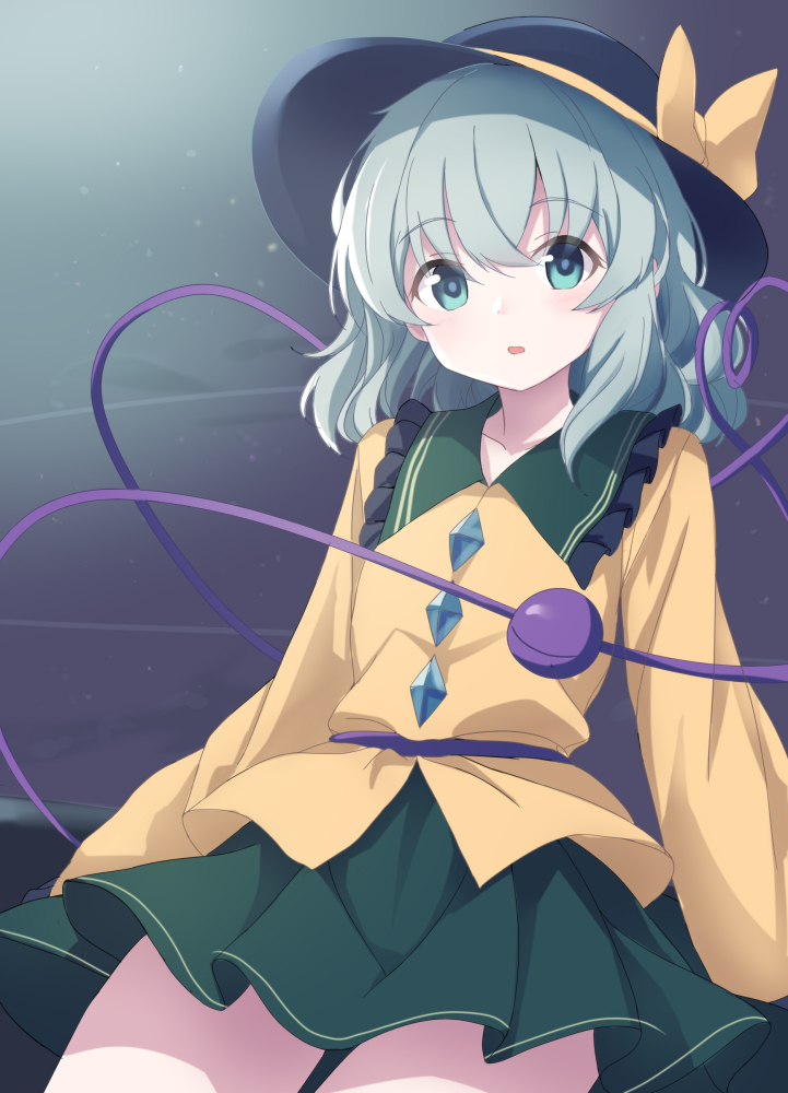 1girl aqua_eyes black_headwear blouse bow buttons cowboy_shot diamond_button expressionless eyeball frilled_shirt_collar frilled_sleeves frills green_skirt hat hat_bow hat_ribbon heart heart_of_string koishi_day komeiji_koishi kurenaiattack light_green_hair long_sleeves looking_at_viewer miniskirt open_mouth ribbon shirt skirt sleeves_past_fingers sleeves_past_wrists solo standing third_eye touhou wavy_hair wide_sleeves yellow_bow yellow_ribbon yellow_shirt